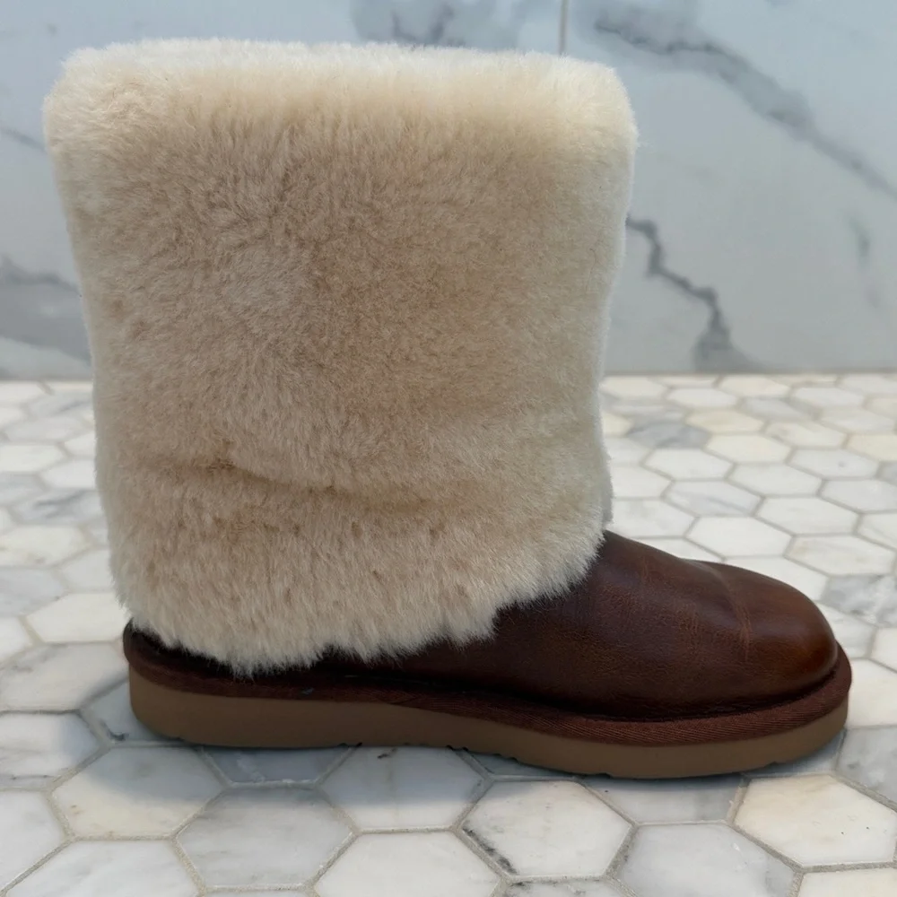 UGG PATTEN Shearling Cuff Chestnut Brown Leather Boots Women’s Size 6